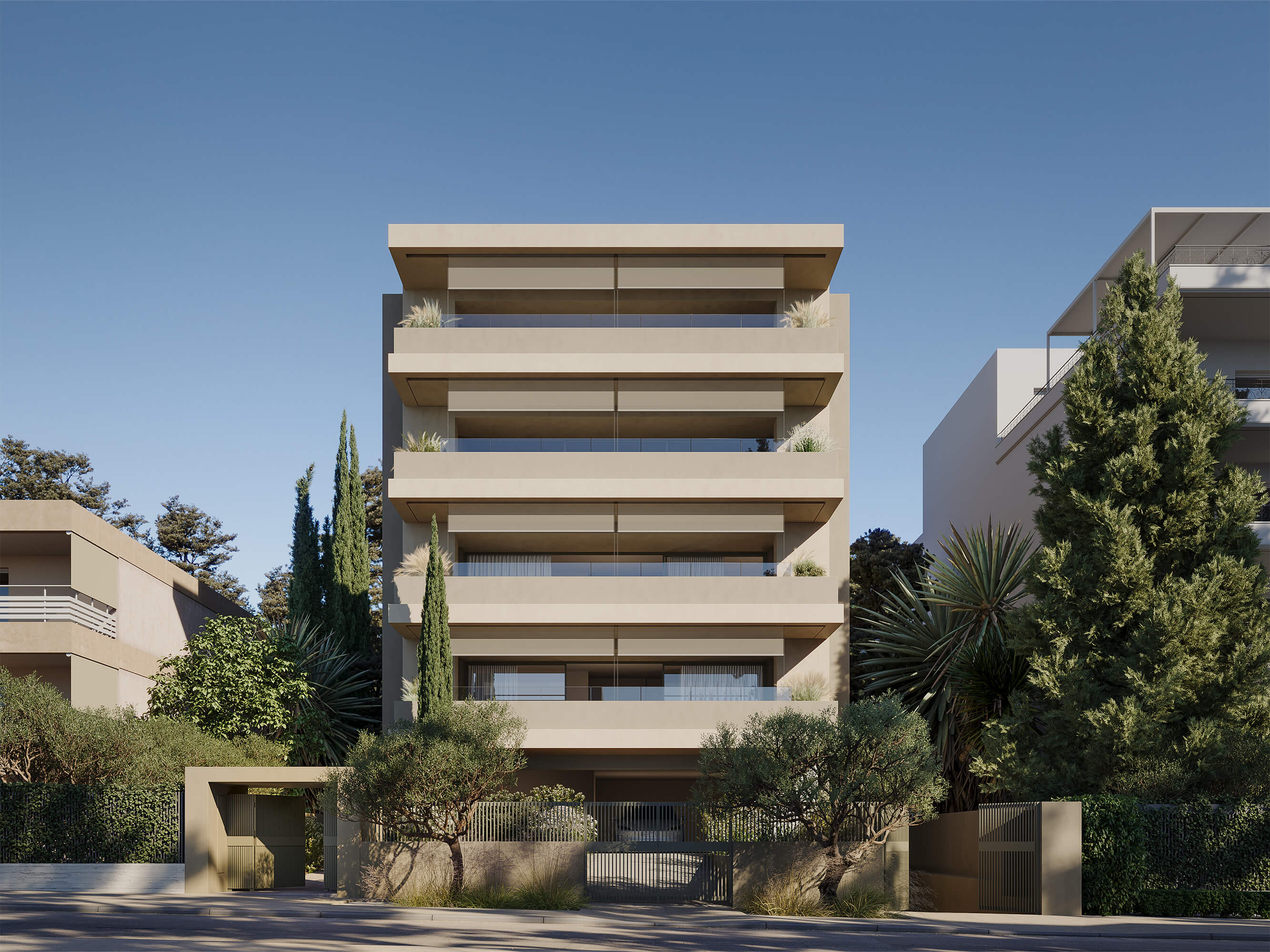 Hatsios Development-Front view of a modern five-storey residential building in Voula with deep beige balconies, glass railings and olive trees at the gated entrance.-Afroditis46