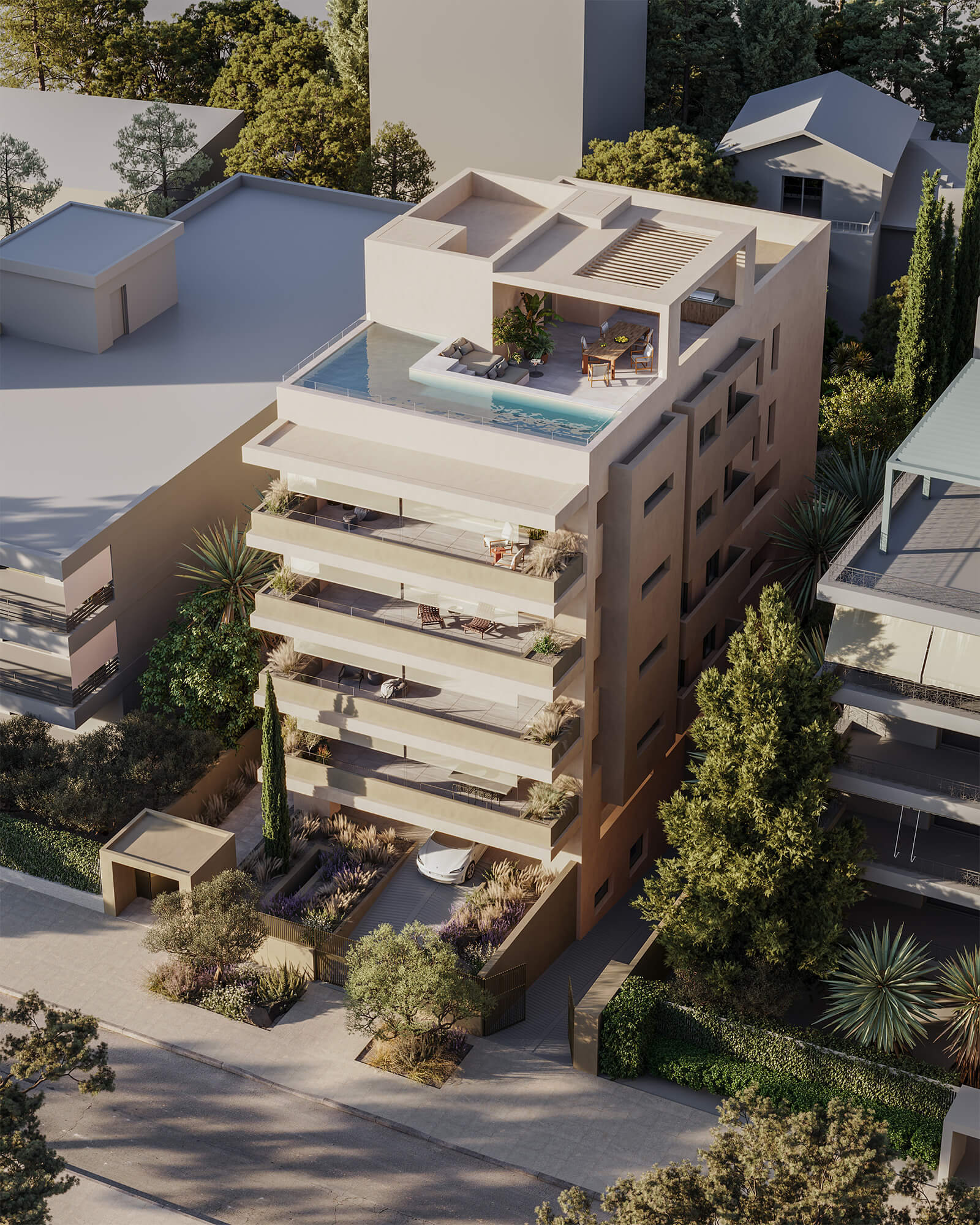 Hatsios Development-Aerial view of a residential building in Voula with a private rooftop pool, covered dining area, wide terraces and landscaped front garden.-Afroditis46
