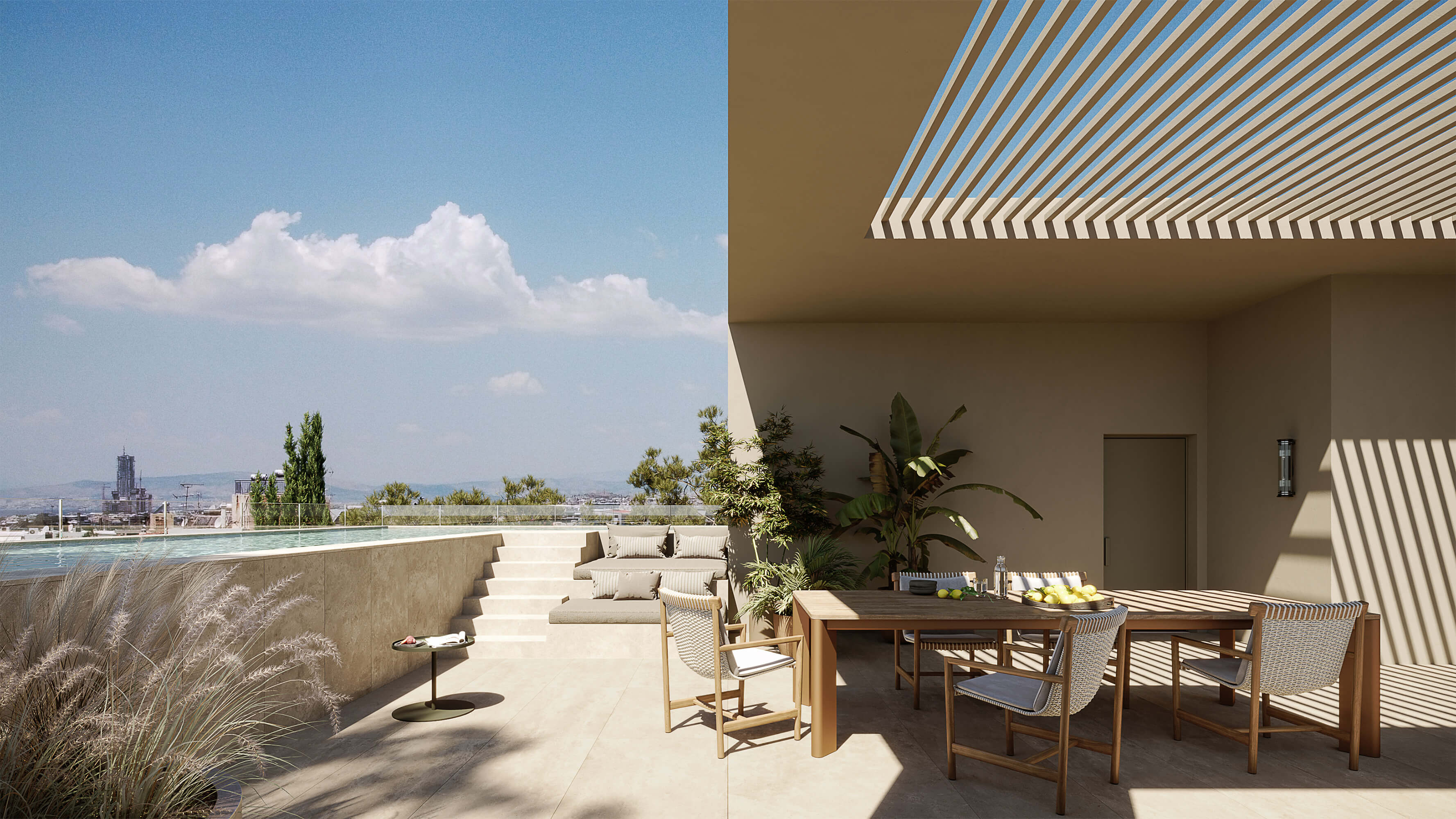 Hatsios Development-Rooftop terrace with a raised pool, built-in lounge seating and an outdoor dining table under a slatted pergola, overlooking Athens.-Afroditis46
