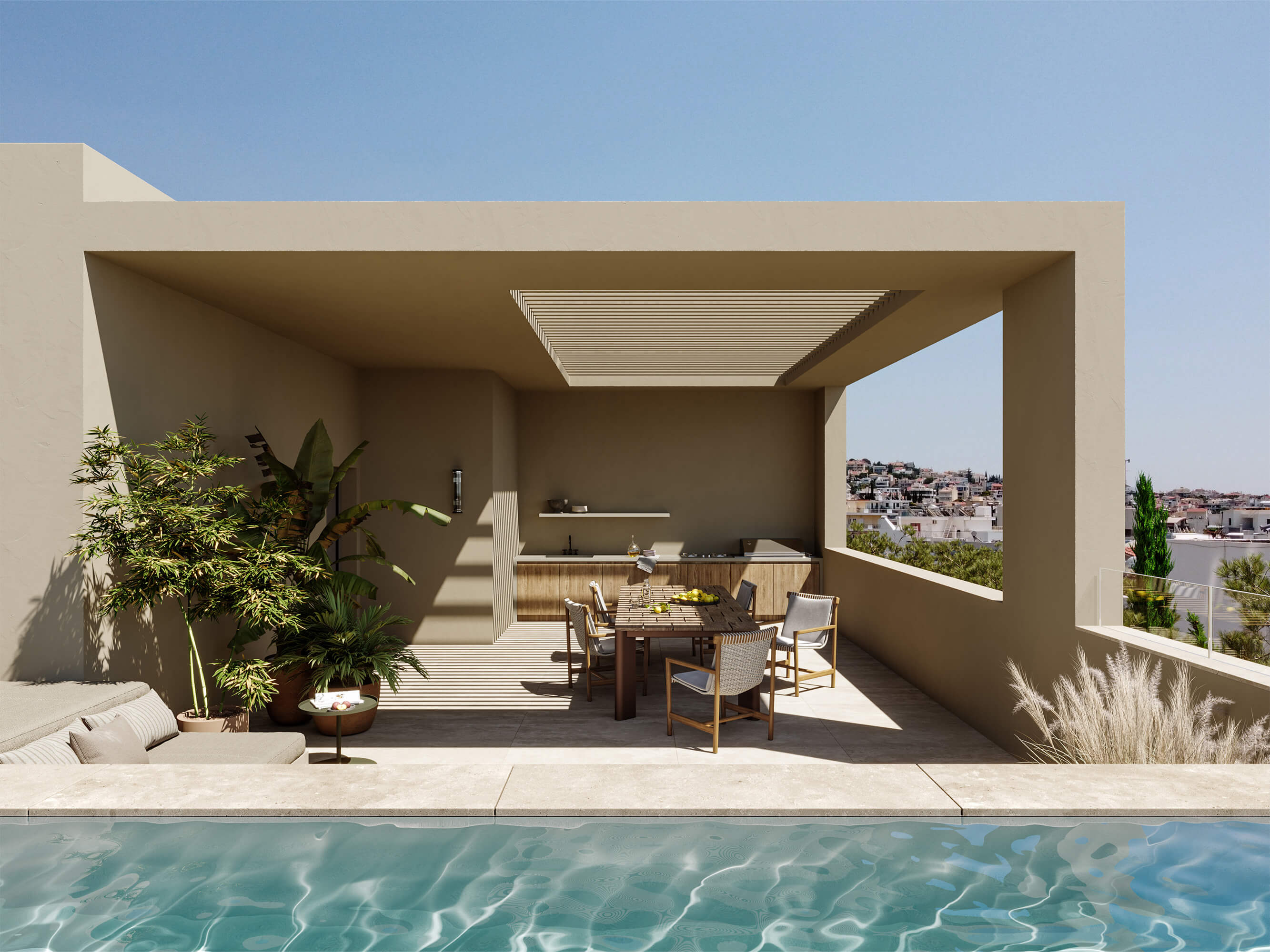 Hatsios Development-haded rooftop outdoor kitchen and dining area beside a private pool, with wooden cabinetry, planters and views over Voula.-Afroditis46