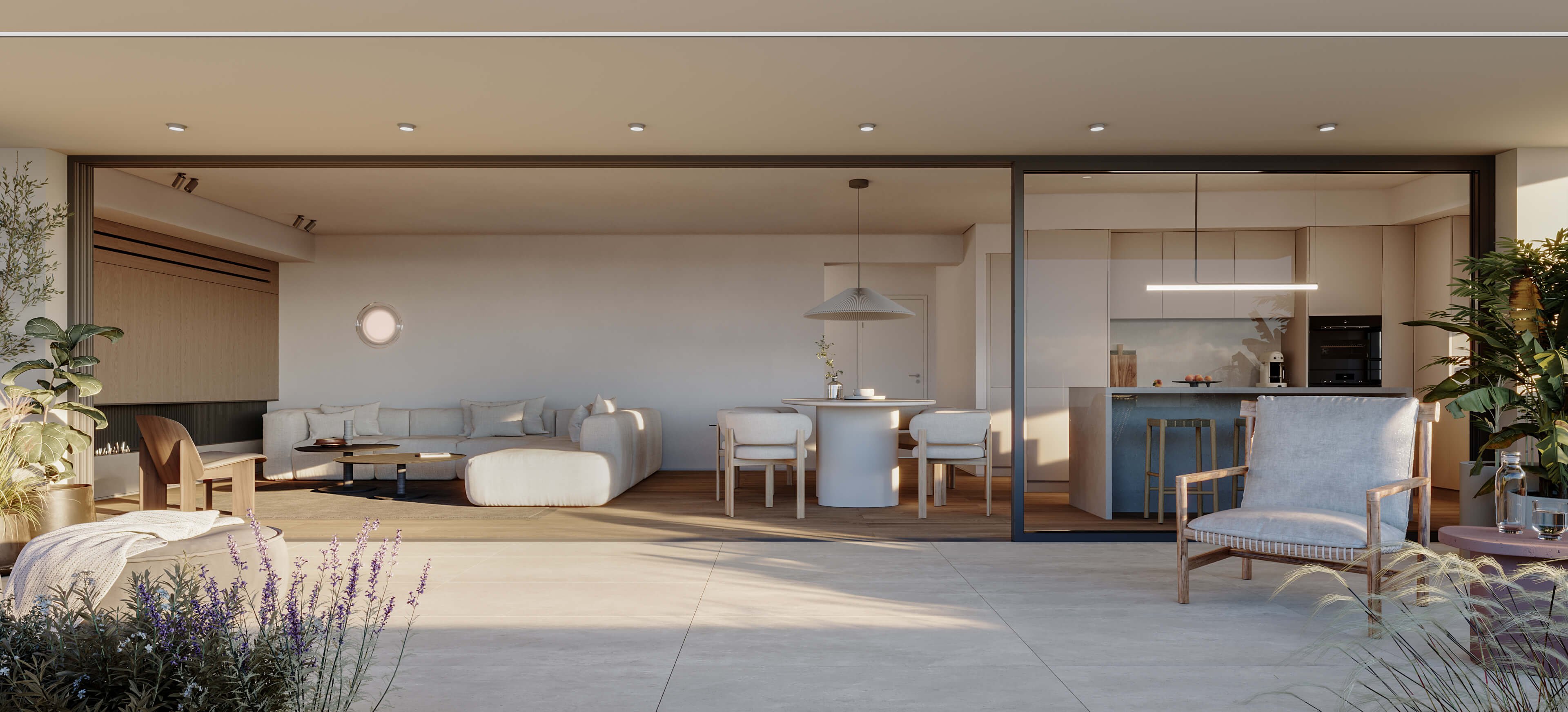 Hatsios Development-Open-plan living room, dining area and kitchen opening fully onto a large terrace through floor-to-ceiling sliding glass doors.-Afroditis46