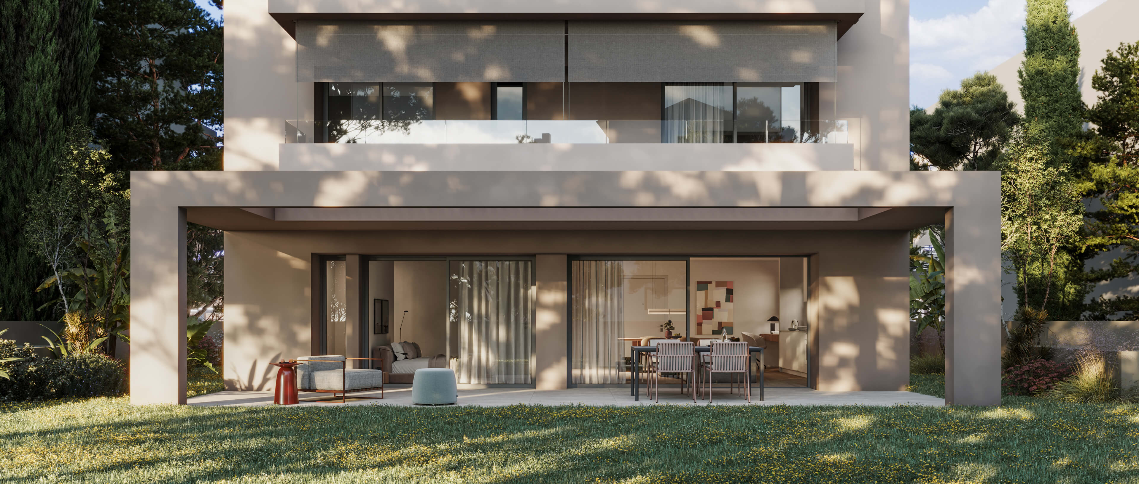 Hatsios Development-Ground-floor apartment with a covered terrace, outdoor dining set and sliding glass doors opening onto a private lawn garden.-Afroditis46