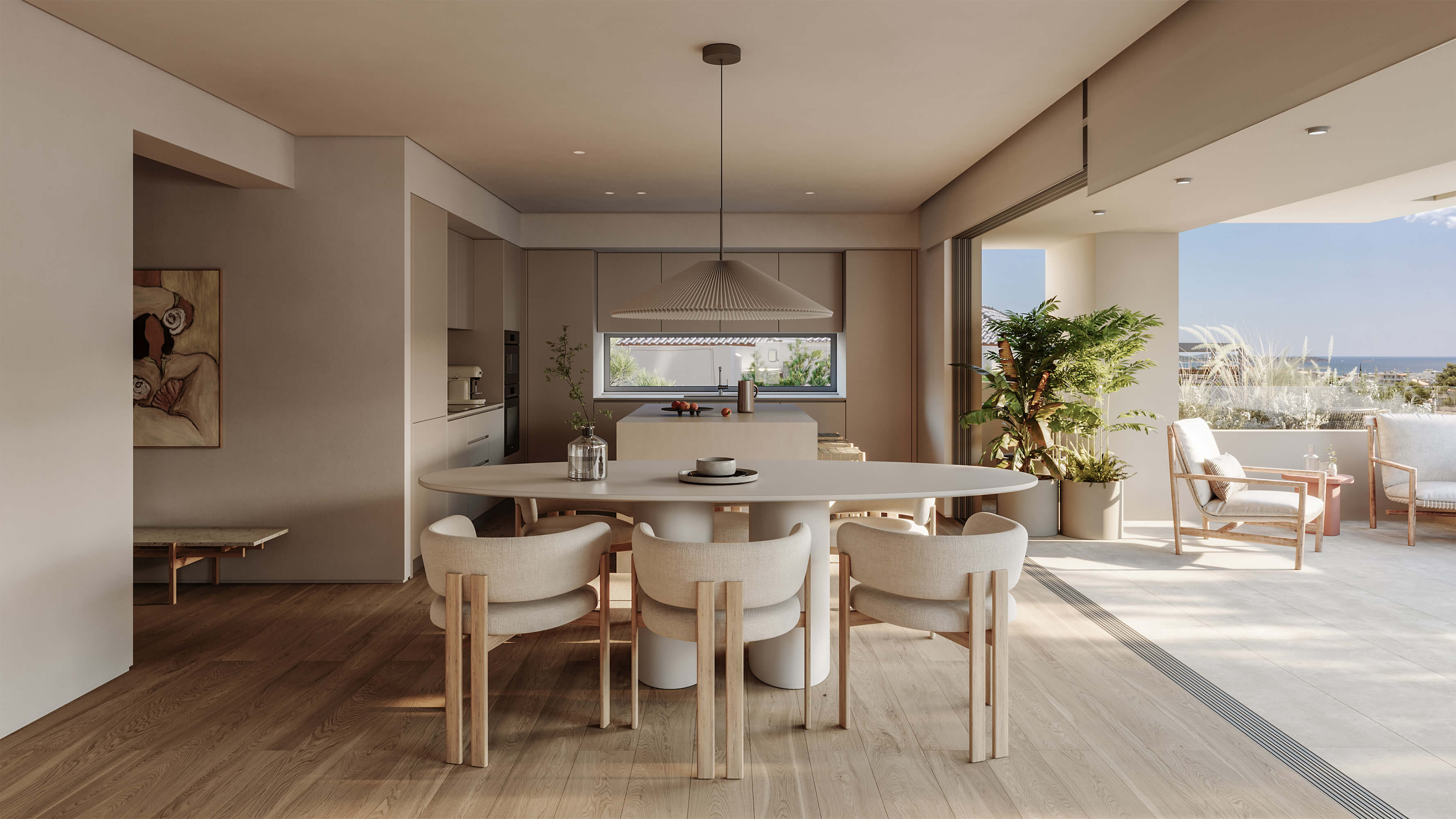 Hatsios Development-Open-plan dining area with an oval table and upholstered chairs, a kitchen island behind, and a terrace with sea views.-Afroditis46