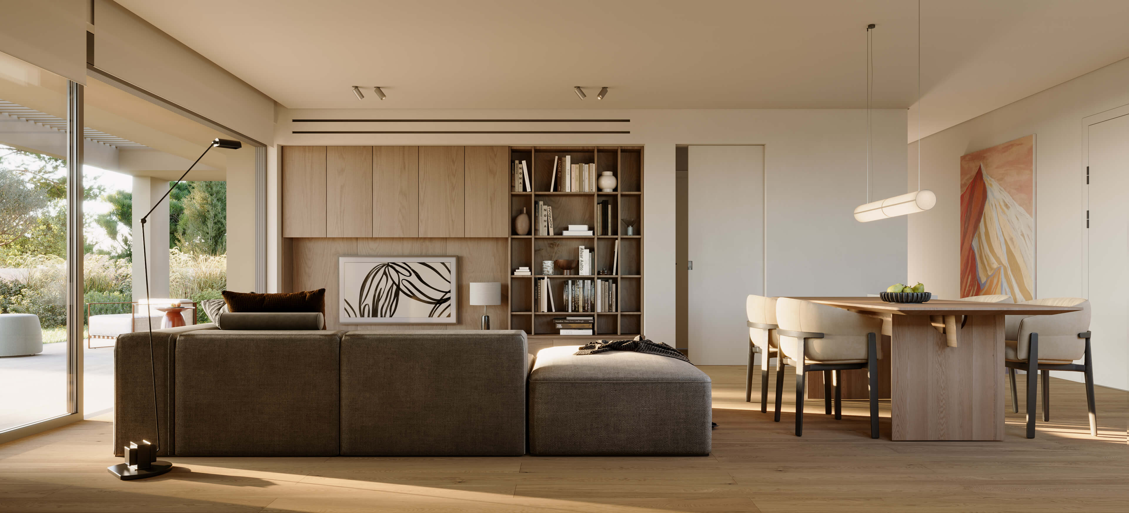 Hatsios Development-Living and dining room with oak cabinetry, built-in bookshelves and floor-to-ceiling glass opening onto a garden terrace.-Afroditis46
