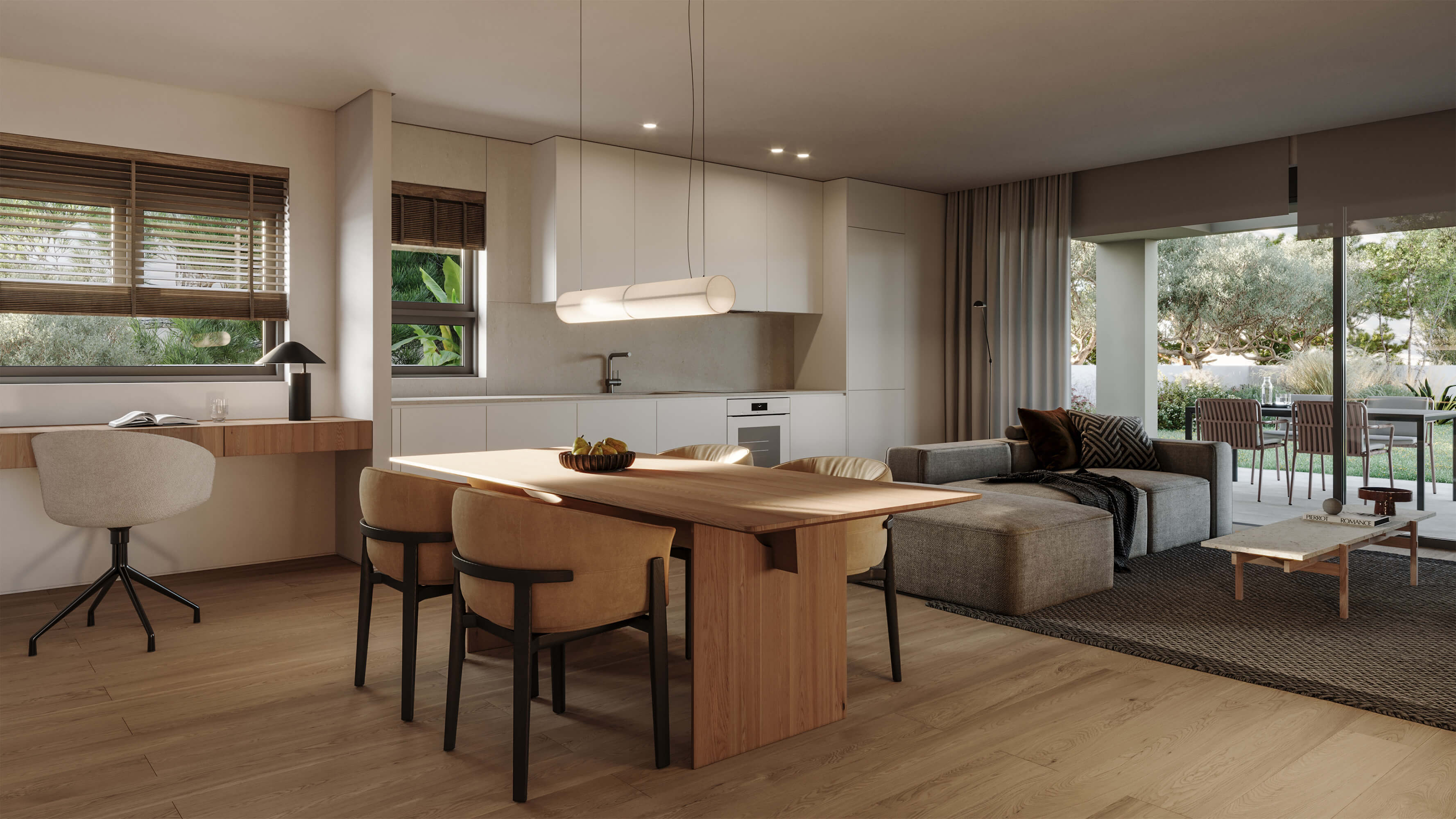 Hatsios Development-Open-plan kitchen, dining and living area with a built-in desk, oak dining table and doors opening onto a garden.-Afroditis46