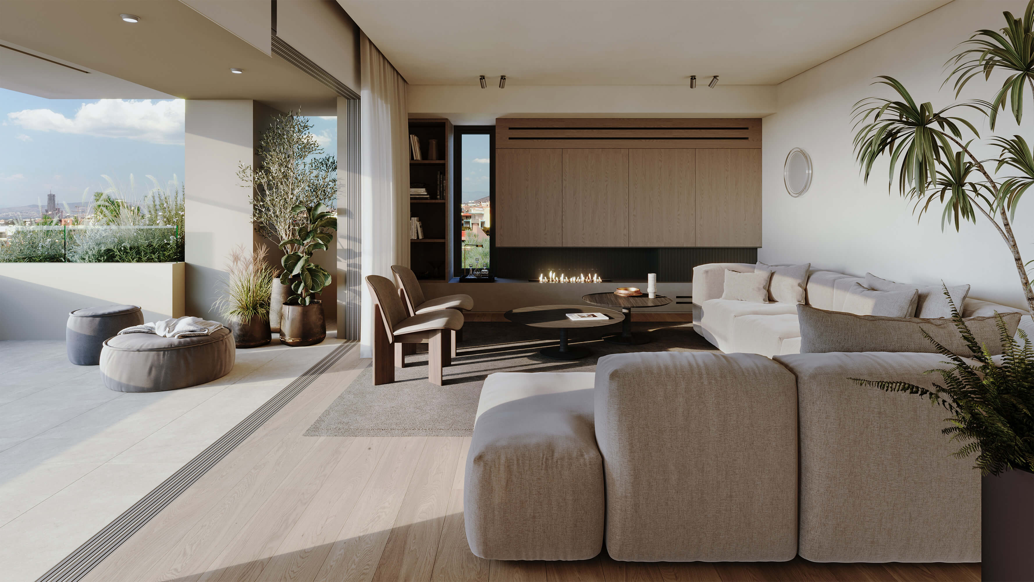 Hatsios Development-Living room with a modular sofa, oak-panelled wall and linear fireplace, opening onto a planted terrace with city views.-Afroditis46