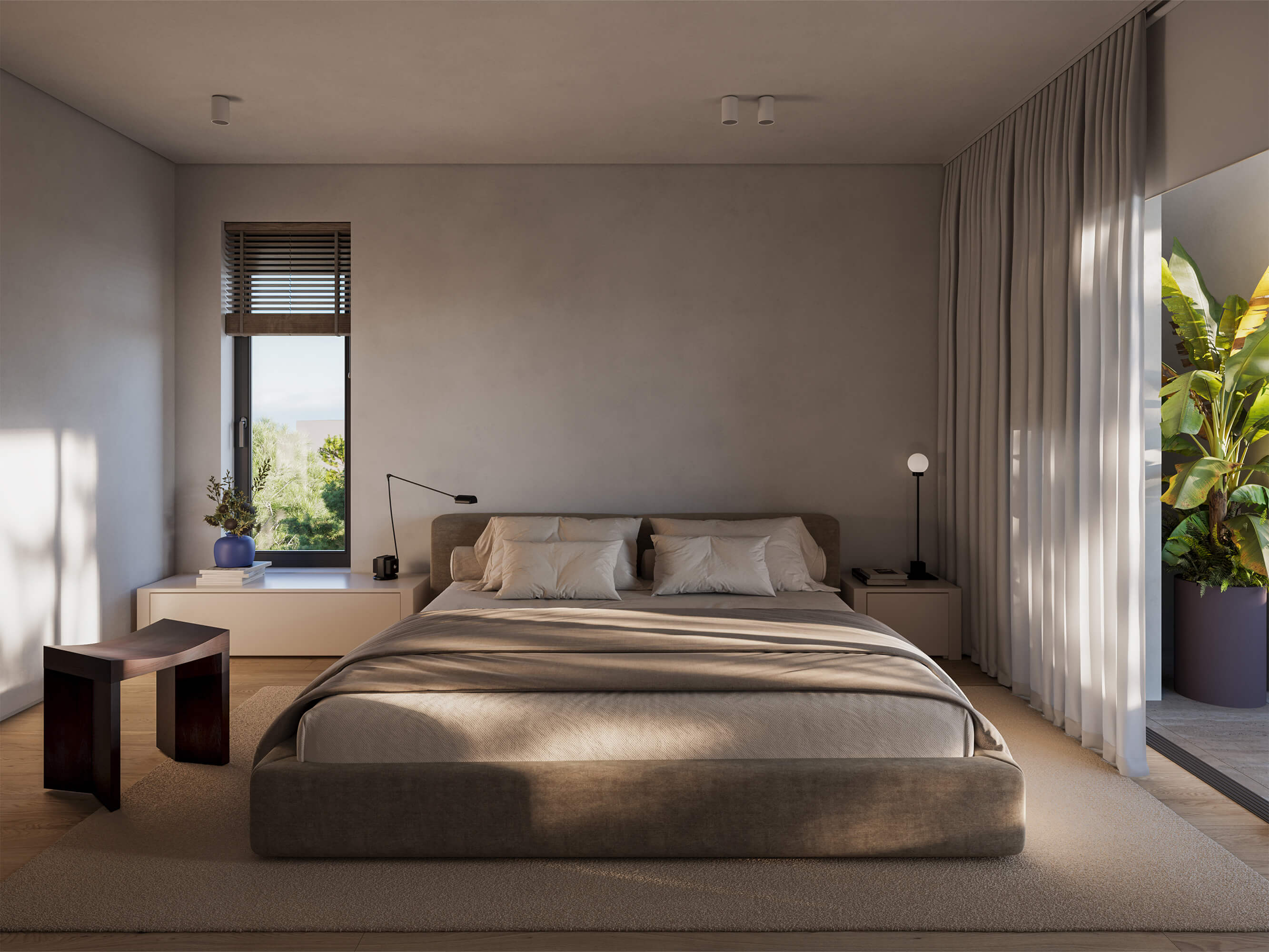 Hatsios Development-Calm master bedroom with an upholstered bed, sheer floor-to-ceiling curtains and a tall window overlooking greenery.-Afroditis46
