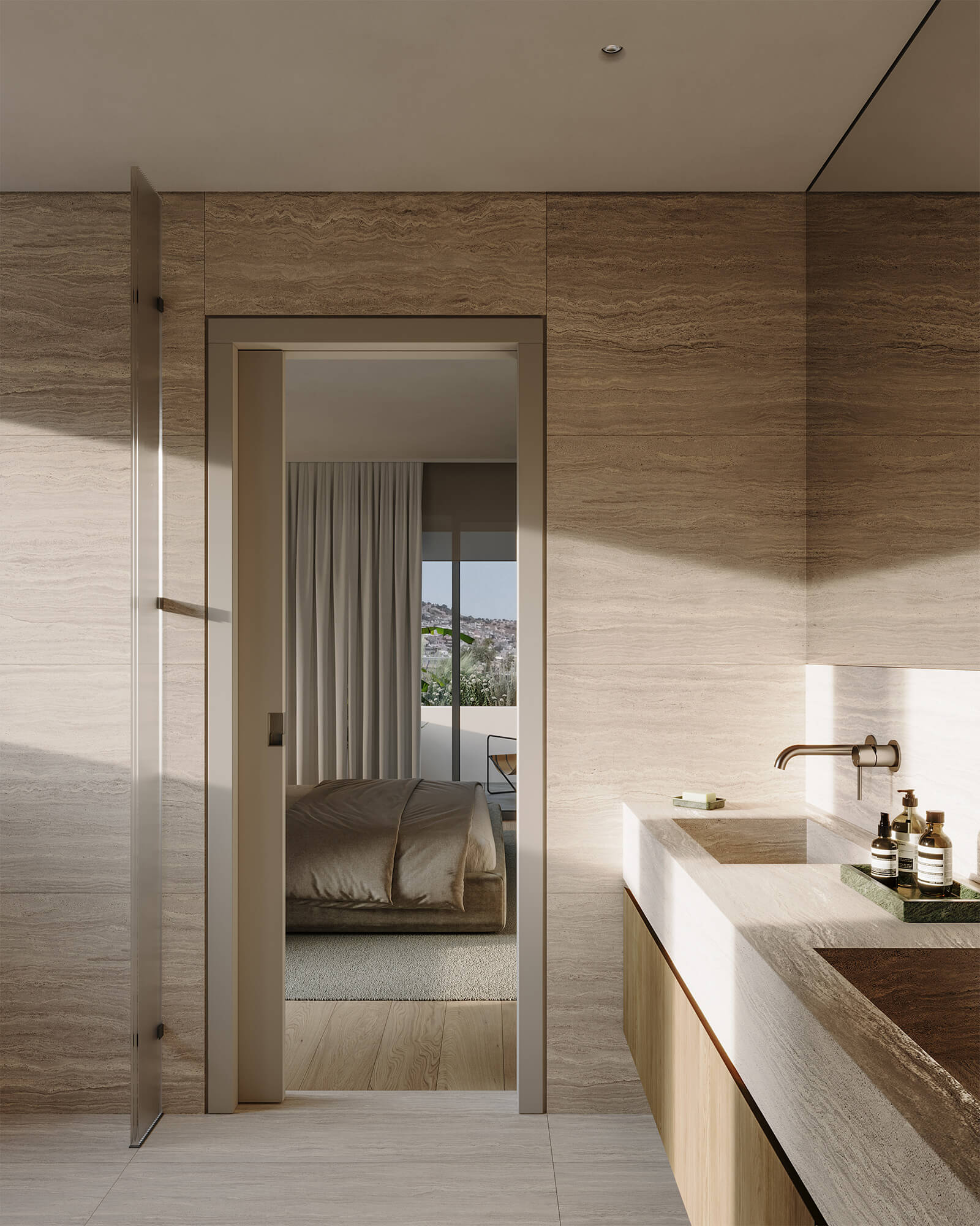 Hatsios Development-View from a travertine en-suite bathroom through a pocket door into the master bedroom.-Afroditis46