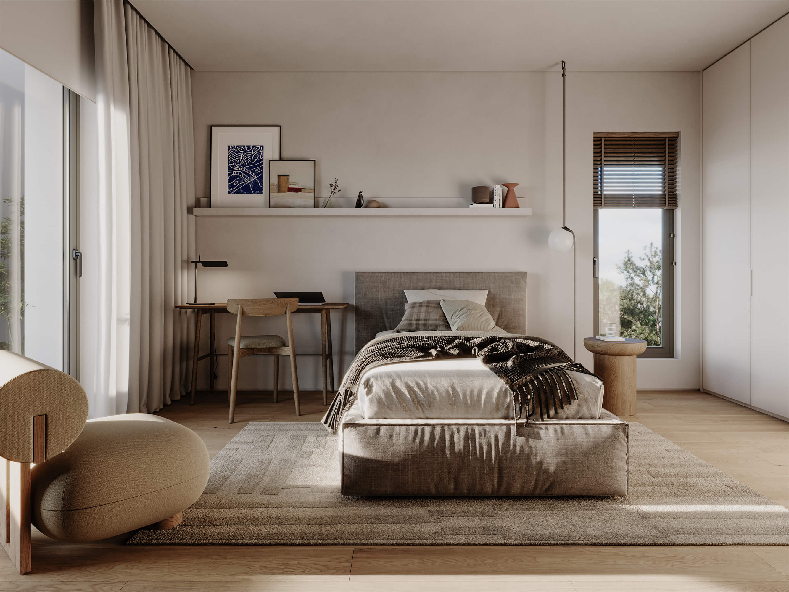 Hatsios Development-Bright bedroom with a single bed, wooden desk, display shelf, built-in wardrobe and window onto trees.-Afroditis46