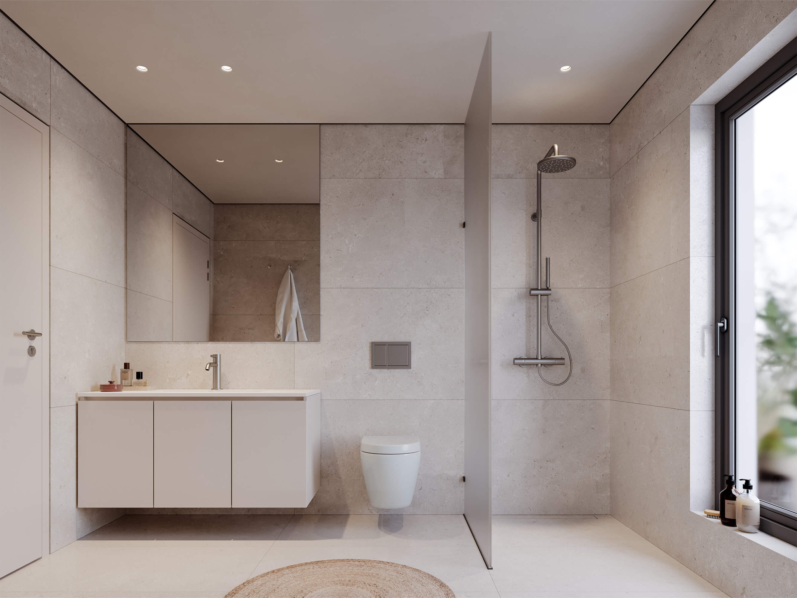 Hatsios Development-Bathroom with large stone-look tiles, a wall-hung vanity and toilet, a walk-in rain shower and a tall window.-Afroditis46