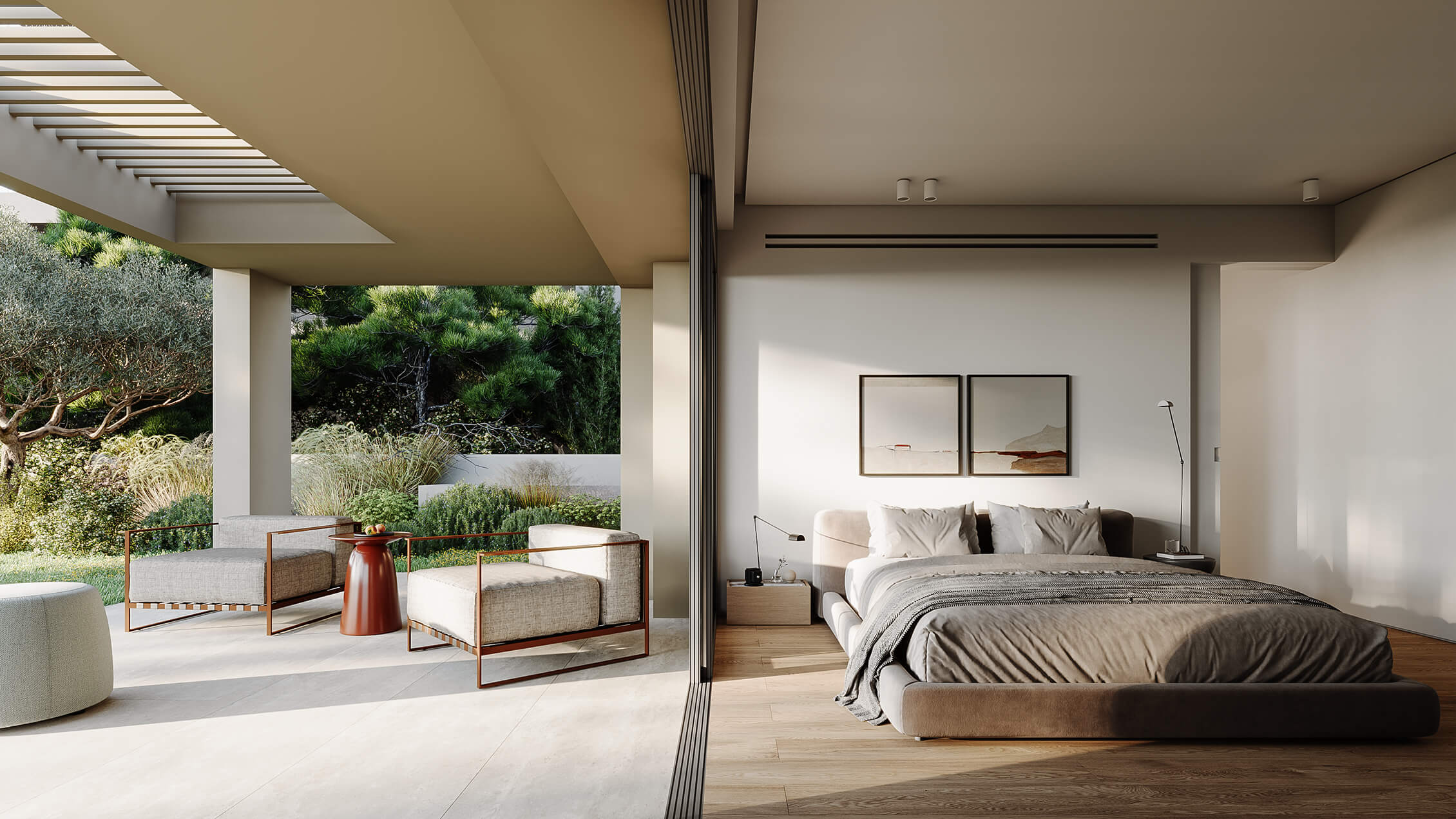 Hatsios Development-Bedroom opening through sliding glass doors onto a covered terrace with lounge chairs and a garden.-Afroditis46